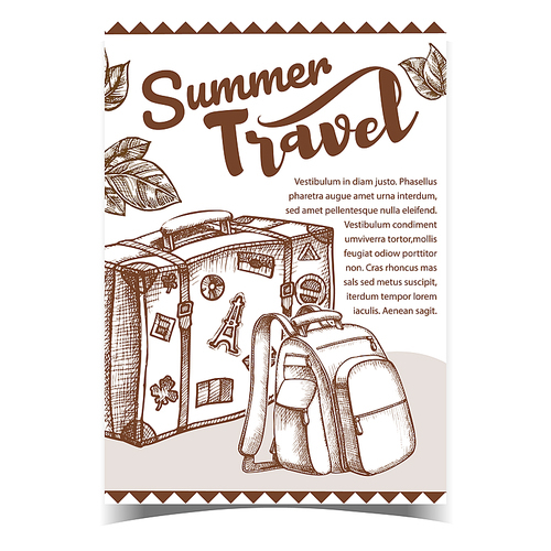 Summer Travel Luggage On Advertising Banner Vector. Suitcase With Travel Stickers, Backpack And Leaves. Standing Retro Ancient Tourist Case For Clothes. Baggage Vintage Style Monochrome Illustration
