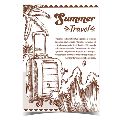 Summer Travel Suitcase On Wheels Poster Vector. Modern Suitcase, Marine Wave With Foam And Palm Trees On Advertising Banner. Voyage Luggage Hand Drawn In Retro Style Monochrome Illustration