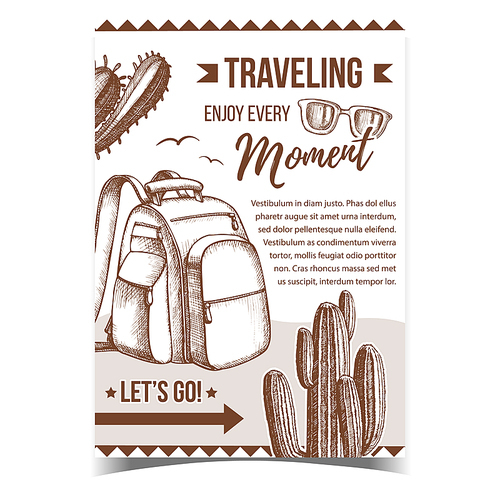 Traveling Backpack On Desert Sand Banner Vector. Standing Modern Tourist Backpack For Trip, Cactus, Sunglasses And Birds. Tourism Sport Equipment For Hike Retro Style Monochrome Illustration