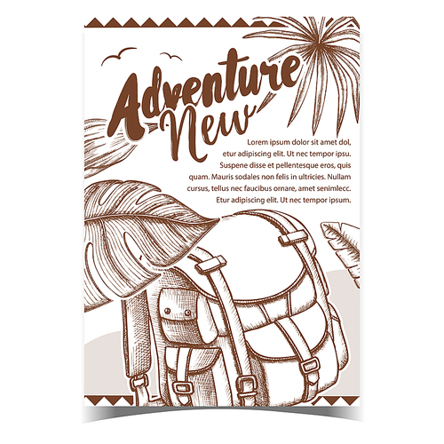 Adventure Tourist Travel Backpack Poster Vector. Touristic Suitcase Backpack Bag Accessory For Trip, Green Leaves And Birds On Advertise Banner. Extreme Vacation Designed Monochrome Illustration