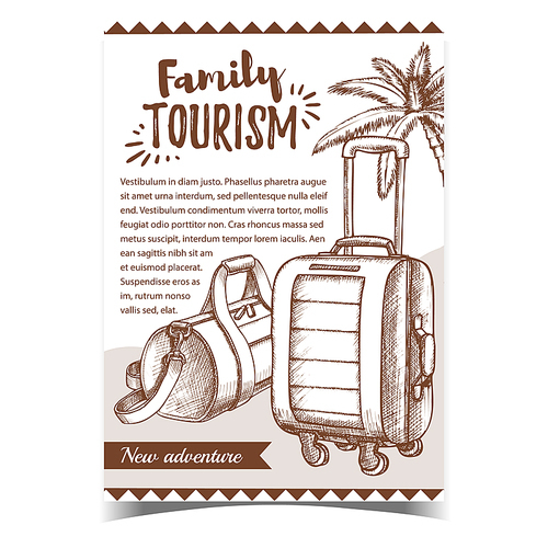 Family Tourism Luggage On Advertise Poster Vector. Cylindrical Sport Luggage Bag, Modern Suitcase On Wheels And Tropical Palm Tree On Creative Banner. Baggage Cases Monochrome Illustration