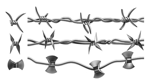 Barbed Wire Types Seamless Pattern Set Vector. Galvanized Metal Fencing Wire Chainlink With Sharp Points For Safety And Security Of Territory Or Barricade. Mockup Realistic 3d Illustrations