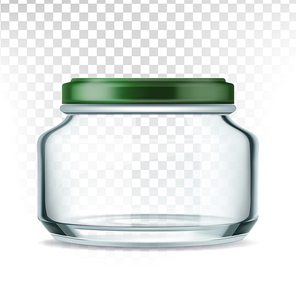 Jar Glass With Green Cap For Storage Sauce Vector. Empty Glass Bottle For Spicy Salsa, Guacamole, Ketchup, Mayonnaise Or Chili Transparency Background. Glassware Layout Realistic 3d Illustration