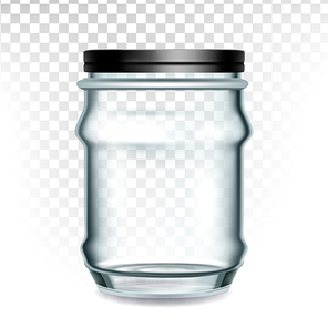 Glass Container Storage For Sewing Supplies Vector. Closed Empty Jar Glass With Metallic Black Cap For Thread Or Needles Transparency Background. Glassware Template Realistic 3d Illustration