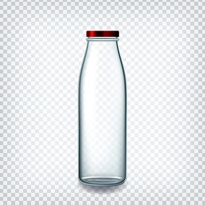 Glass Bottle Closed By Red Cap For Milk Vector. Empty Bottle For Breakfast Non-alcoholic Healthy Drink, Water Or Soda Beverage Transparency Background. Glassware Template Realistic 3d Illustration