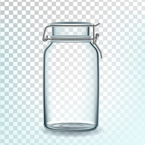 Glass Can Empty Container For Storage Pasta Vector. Closed Glass Bottle For Spaghetti, Wheat Or Uncooked Food Transparency Background. Kitchen Glassware Template Realistic 3d Illustration