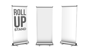 Roll Up Stand Collection In Different View Vector. Blank Vertical Stand, Commercial Advertising Or Promotion Banner, Presentation Empty Board Screen. Template Realistic 3d Illustration