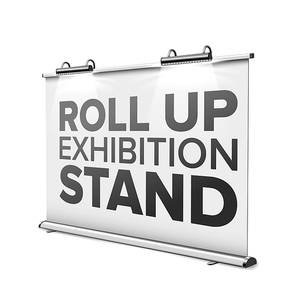 Roll Up Exhibition Stand With Modern Lamps Vector. Horizontal Stand Display With Lighting Backlight And Aluminum Frame, Promotion Banner With Scones. Template Realistic 3d Illustration