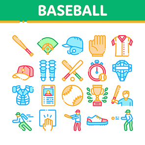 Baseball Game Tools Collection Icons Set Vector Thin Line. Baseball Bat And Ball, Protection Helmet And Glove, Stopwatch And Cup Concept Linear Pictograms. Color Contour Illustrations