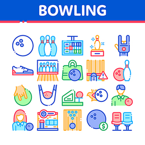 Bowling Game Tools Collection Icons Set Vector. Bowling Ball and Skittle, Building And Stool, Scoreboard And Shoe, Player And Hand Gesture Concept Linear Pictograms. Color Contour Illustrations