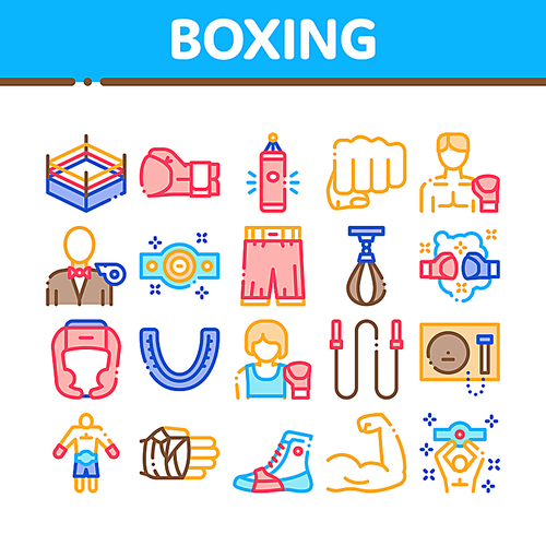 Boxing Sport Tool Collection Icons Set Vector Thin Line. Boxing Glove And Shirts, Protection Helmet And Mouth Piece, Ring And Box Award Concept Linear Pictograms. Color Contour Illustrations