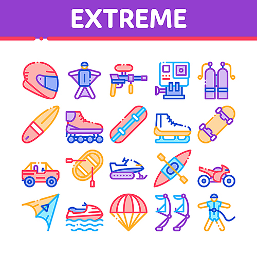 Extreme Sport Activity Collection Icons Set Vector Thin Line. Bike And Crash Helmet, Parachute And Hang-glider Equipment For Extreme Active Concept Linear Pictograms. Color Contour Illustrations