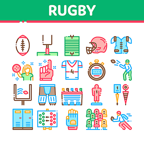 Rugby Sport Game Tool Collection Icons Set Vector Thin Line. Rugby Ball And Gates, Athlete Protection Equipment And Glove, Helmet And Stopwatch Concept Linear Pictograms. Color Contour Illustrations