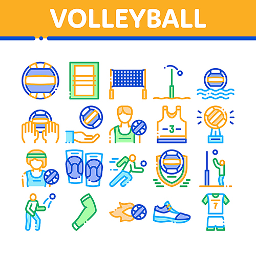 Volleyball Sport Game Collection Icons Set Vector Thin Line. Volleyball Ball In Water And Grid, Athlete Equipment And Sneaker Concept Linear Pictograms. Color Contour Illustrations