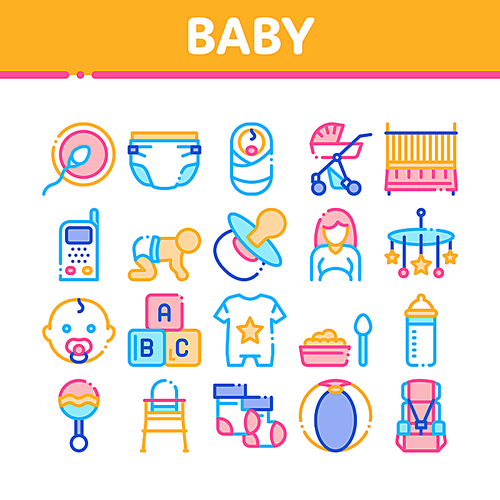 Baby Clothes And Tools Collection Icons Set Vector Thin Line. Baby And Pregnancy Woman, Stroller And Diaper, Toys And Nipple Concept Linear Pictograms. Color Contour Illustrations