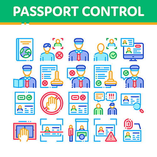 Passport Control Check Collection Icons Set Vector Thin Line. Scanning Passport And Stamp, Policeman And Book, Fingerprint And Document Concept Linear Pictograms. Color Contour Illustrations