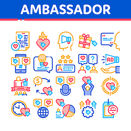 Ambassador Creative Collection Icons Set Vector Thin Line. Loudspeaker And Gift, Human Holding Heart And Speaking, Ambassador Concept Linear Pictograms. Color Contour Illustrations