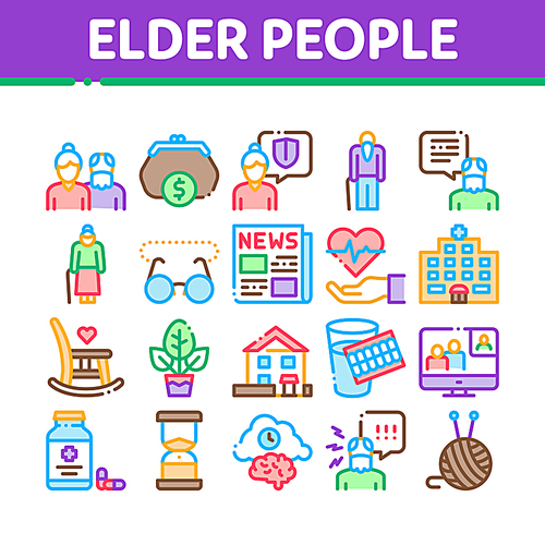 Elder People Pensioner Collection Icons Set Vector Thin Line. Medicine Pills For Elder People, Glasses, Hospital, Newspaper And Plant Concept Linear Pictograms. Color Contour Illustrations