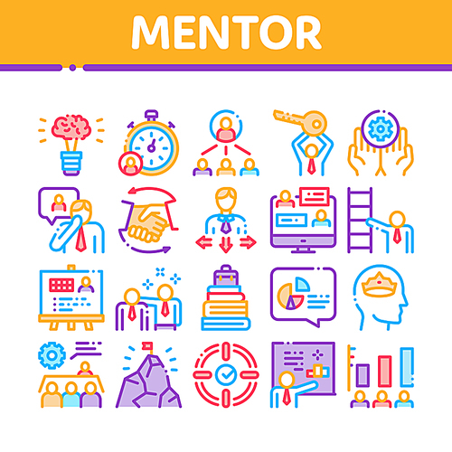 Mentor Relationship Collection Icons Set Vector Thin Line. Human Holding Key And Gear, Stopwatch And Mountain With Flag, Mentor Concept Linear Pictograms. Color Contour Illustrations