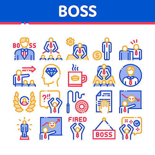 Boss Leader Company Collection Icons Set Vector Thin Line. Boss On Tablet And Cup With Crown, Meeting And Presentation, Fired And Document Concept Linear Pictograms. Color Contour Illustrations