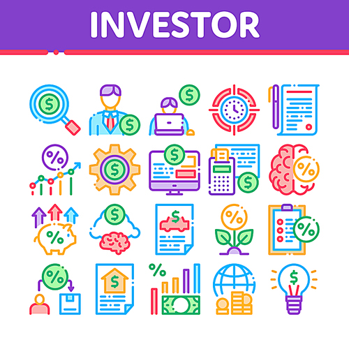 Investor Financial Collection Icons Set Vector Thin Line. Investor With Money Dollar And Lightbulb, Brain With Percentage Mark And Document Concept Linear Pictograms. Color Contour Illustrations