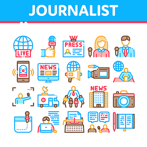 Journalist Reporter Collection Icons Set Vector Thin Line. Journalist And Hand With Microphone, Video And Photo Camera, Press And Live News Concept Linear Pictograms. Color Contour Illustrations