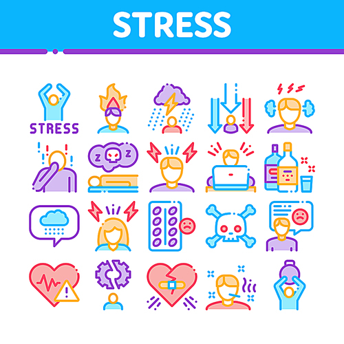 Stress And Depression Collection Icons Set Vector Thin Line. Anti Stress Pills And Alcoholic Drink Bottle, Angry Human And With Burning Head Concept Linear Pictograms. Color Contour Illustrations