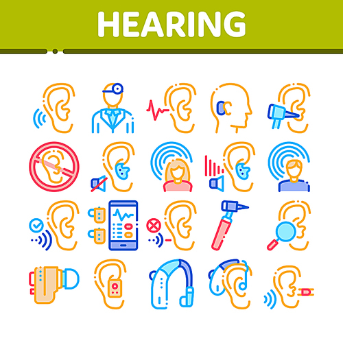 Hearing Human Sense Collection Icons Set Vector Thin Line. Hearing Aid Device And Earphone. Doctor And Medical Equipment For Research Concept Linear Pictograms. Color Contour Illustrations