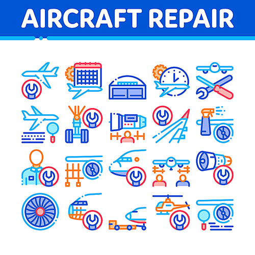 Aircraft Repair Tool Collection Icons Set Vector Thin Line. Aircraft Engine And Chassis, Helicopter And Airplane, Master And Hangar Concept Linear Pictograms. Color Contour Illustrations
