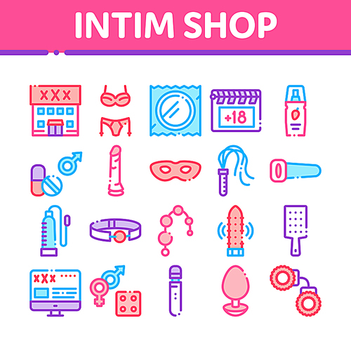 Intim Shop Sex Toys Collection Icons Set Vector Thin Line. Intim Shop Building And Internet Web Site, Collar And Handcuffs, Mask And Condom Concept Linear Pictograms. Color Contour Illustrations