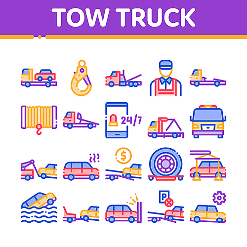 Tow Truck Transport Collection Icons Set Vector Thin Line. Tow Truck Evacuating And Transportation Broken Car, Winch And Hook Concept Linear Pictograms. Color Contour Illustrations