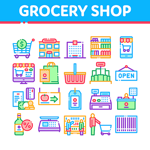 Grocery Shop Shopping Collection Icons Set Vector Thin Line. Internet Grocery Shop Or In Super Market, Scales And Cash Machine Concept Linear Pictograms. Color Contour Illustrations