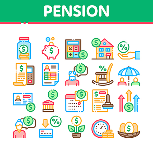 Pension Retirement Collection Icons Set Vector Thin Line. Money in Glass Bottle And Box, Calculator And Clock, Pension Finance Concept Linear Pictograms. Color Contour Illustrations