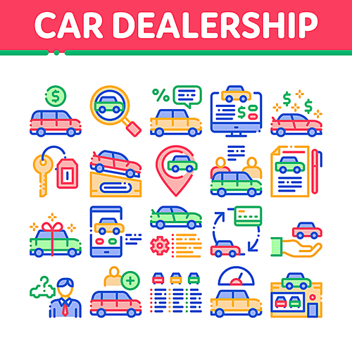 Car Dealership Shop Collection Icons Set Vector Thin Line. Car Dealership Agreement And Document, Auto Salon And Building, Key And Gps Mark Concept Linear Pictograms. Color Contour Illustrations