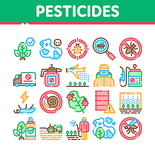 Pesticides Chemical Collection Icons Set Vector Thin Line. Pesticides For Agricultural Field Processing By Plane, Bottle Spray And Equipment Concept Linear Pictograms. Color Contour Illustrations