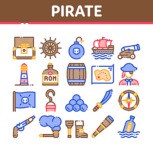 Pirate Sea Bandit Tool Collection Icons Set Vector Thin Line. Pirate Saber And Spyglass, Steering Rudder, Crossed Bones And Skull Flag Concept Linear Pictograms. Color Contour Illustrations
