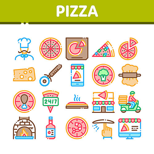 Pizza Delicious Food Collection Icons Set Vector Thin Line. Pizza With Seafood And Vegetable, With Chicken And Cheese, Cook And Delivery Concept Linear Pictograms. Color Contour Illustrations