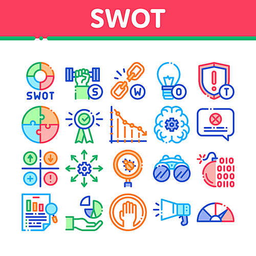 Swot Analysis Strategy Collection Icons Set Vector Thin Line. Swot Infographics And Broken Chain, Lightbulb, Shield And Brain With Gear Concept Linear Pictograms. Color Contour Illustrations