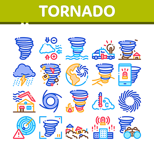 Tornado And Hurricane Collection Icons Set Vector Thin Line. Tornado Blowing House Roof, Cyclone On Planet Globe, Twister Weather Concept Linear Pictograms. Color Contour Illustrations