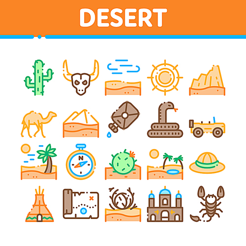 Desert Sandy Landscape Collection Icons Set Vector Thin Line. Desert Sand Dune, Snake And Camel, Car And Scorpion, Compass And Ox Skull Concept Linear Pictograms. Color Contour Illustrations