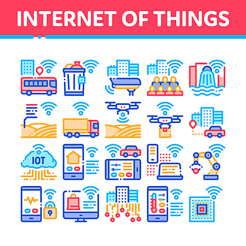 Internet Of Things IOT Collection Icons Set Vector Thin Line. Wifi Signal In Bus And Truck, Cctv Camera And Drone Internet Of Things Concept Linear Pictograms. Color Contour Illustrations