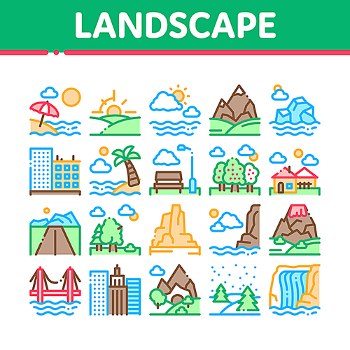 Landscape Travel Place Collection Icons Set Vector Thin Line. City And Seaside, Island And Mountain, Bridge And Park Landscape Concept Linear Pictograms. Color Contour Illustrations
