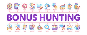 Bonus Hunting Minimal Infographic Web Banner Vector. Magnifier And Bag With Percent Mark, Star, Diamond And Bonus Coins In Bottle Concept Illustrations