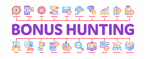 Bonus Hunting Minimal Infographic Web Banner Vector. Magnifier And Bag With Percent Mark, Star, Diamond And Bonus Coins In Bottle Concept Illustrations