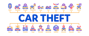 Car Theft Minimal Infographic Web Banner Vector. Car Theft On Truck, Thief Silhouette Near Motorcycle And Van, Signaling And Electronic Key Illustrations