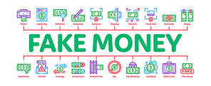 Fake Money Minimal Infographic Web Banner Vector. Bandit Silhouette And Pencil, Printing And Laundering Money Dollar Concept Illustrations