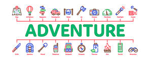 Adventure Minimal Infographic Web Banner Vector. Binocular And Camera, Map And Boat, Ax And Knife, Camping Fire And Car Adventure Concept Illustrations