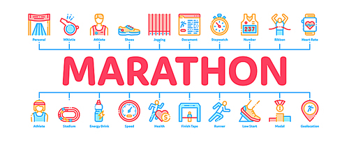 Marathon Minimal Infographic Web Banner Vector. Human Athlete Silhouette Running And Uniform, Sport Stadium For Marathon And Shoe Concept Illustrations