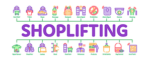 Shoplifting Minimal Infographic Web Banner Vector. Video Camera And Guard Security From Shoplifting, Human Shoplifter Silhouette Concept Illustrations