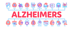 alzheimers disease minimal infographic web banner vector. brain and drugs, . and man silhouette with alzheimers illness concept illustrations